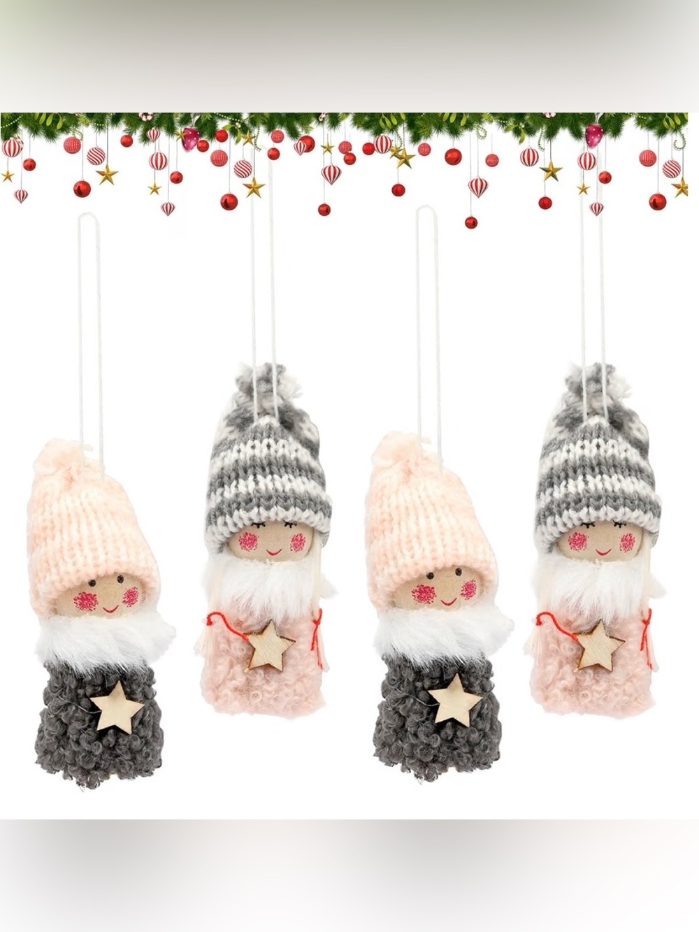 Handmade Pink & Gray Angels Hanging Ornaments - Set of 4